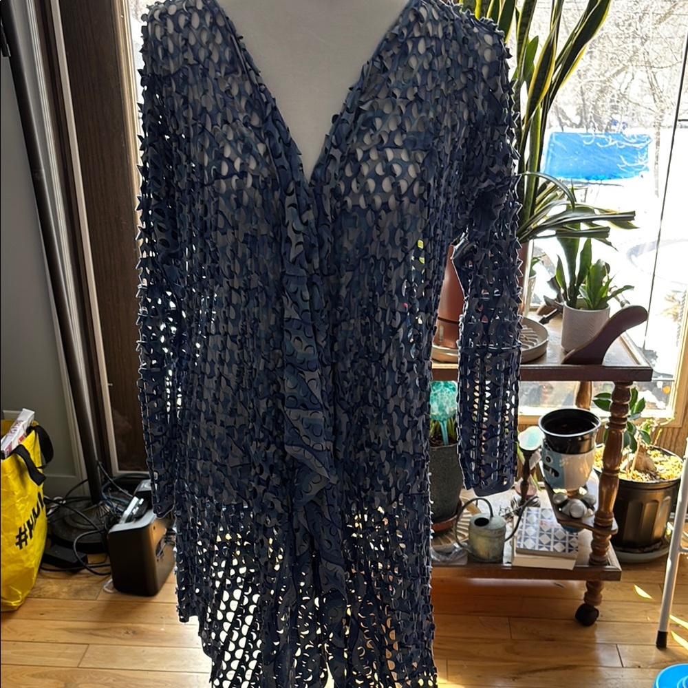 Blue Crochet Swim Cover-Up with Plunging V-Neckline